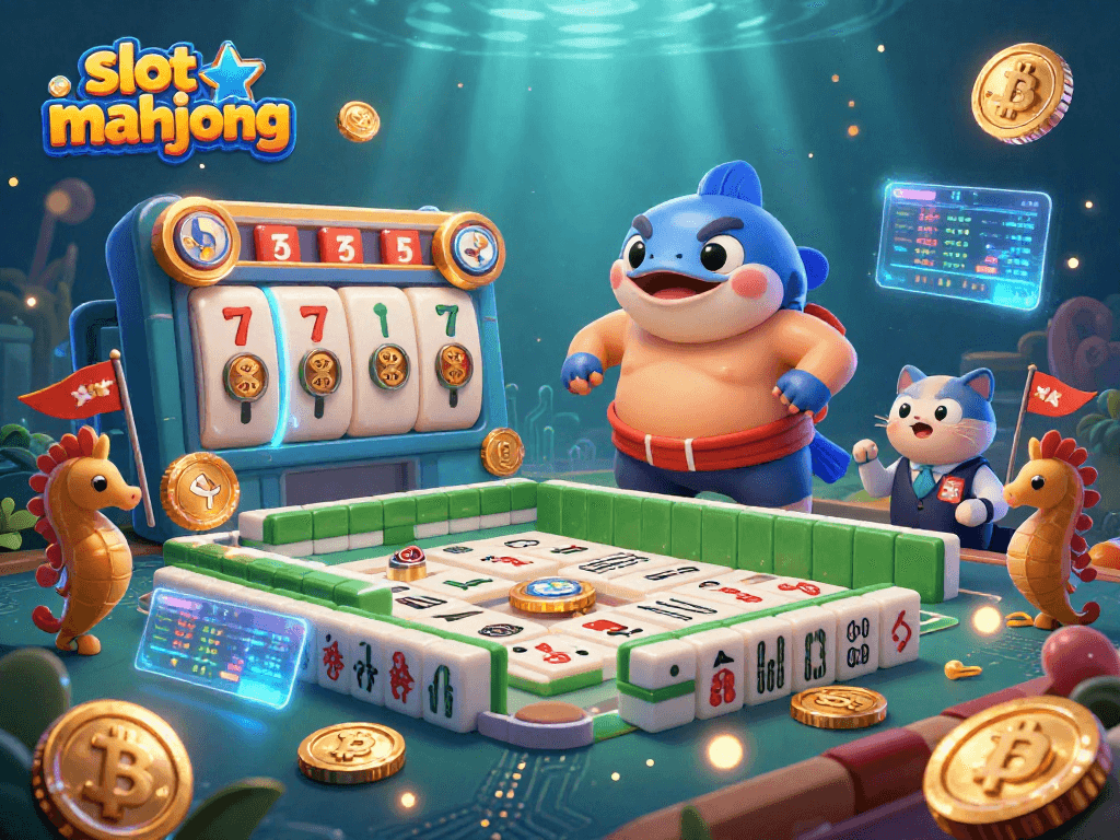 Engage in the fun of slot mahjong with a vibrant underwater casino scene featuring animated reels, lucky 7s, and digital currency elements.