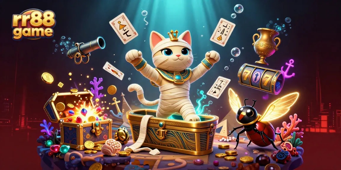 Experience the thrilling rr88 game with a vibrant 3D illustration of a mummy cat and treasures in a pyramid casino.