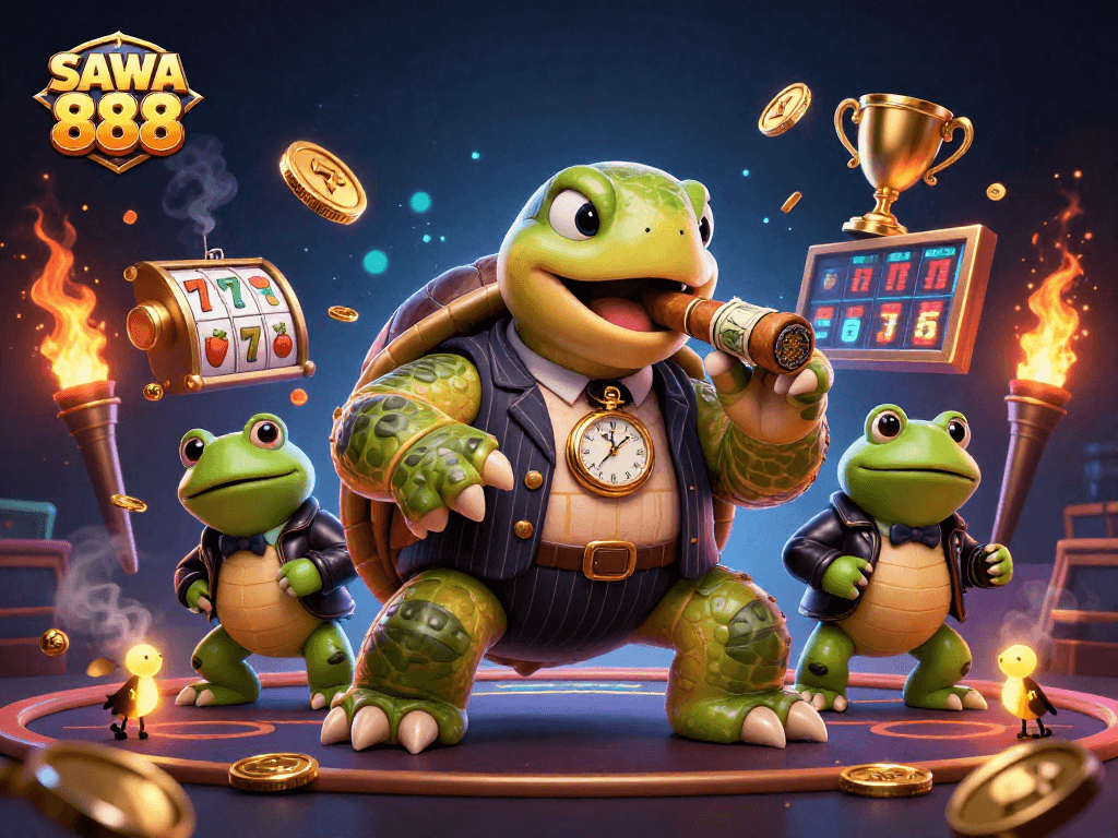 Engage with the thrilling world of SAWA 888 slots featuring a majestic turtle in a casino scene.