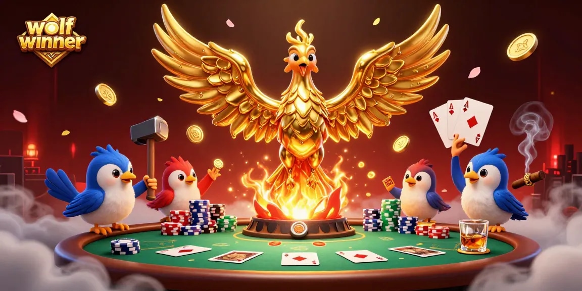 wolfwinner showcases an engaging casino scene with a molten metal phoenix and poker elements.