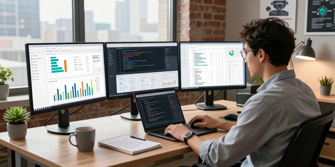 Data scientist using machine learning tools in a modern workspace with multiple monitors and Python code displayed.