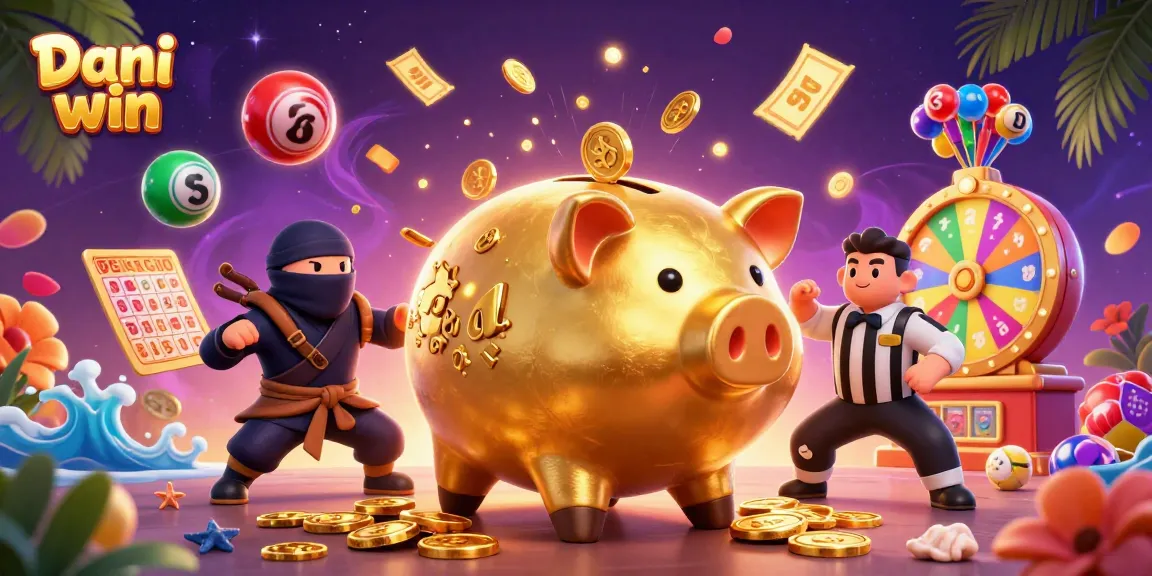 Dhani win features a golden piggy bank sumo wrestler amidst vibrant lottery elements and a colorful gaming atmosphere.