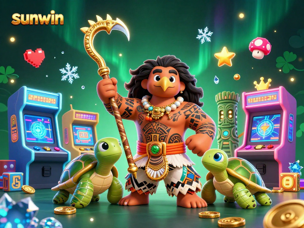 Engage with sunwin's vibrant casino world featuring a hawk demigod and turtle, radiating excitement and adventure.