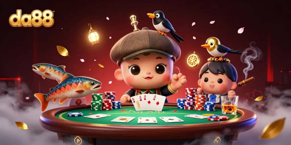 Experience da88 excitement with playful Loch Ness monster, poker details, and vibrant casino elements.