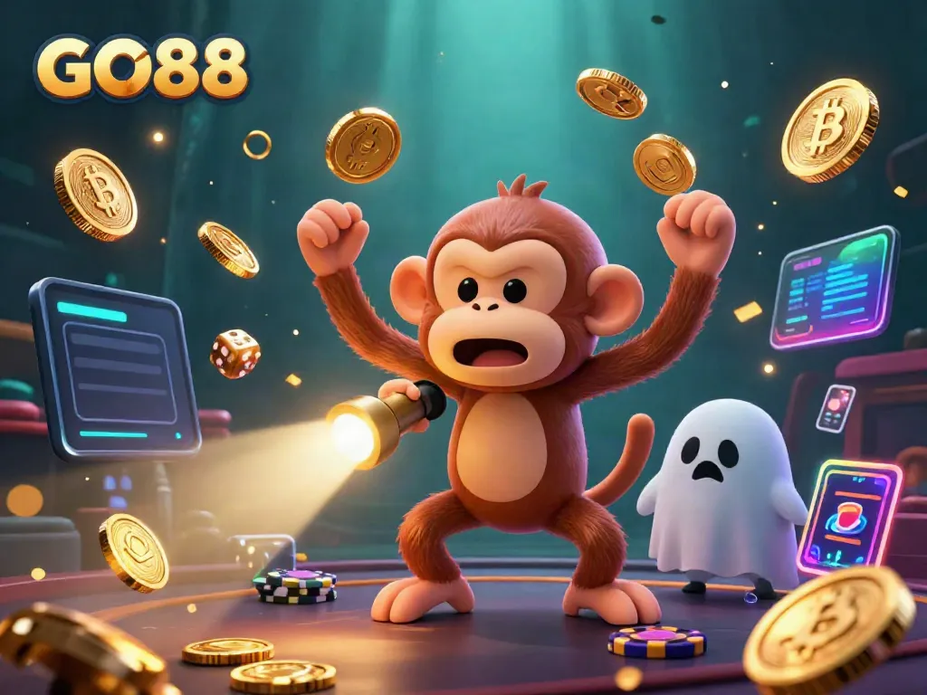 Engaging GO88 casino illustration featuring a mischievous poltergeist monkey juggling, captivating the scene.
