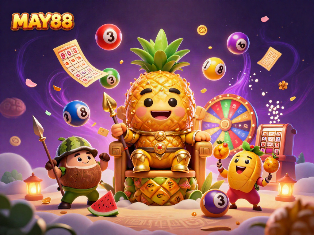 MAY88 casino scene featuring a golden pineapple king and dynamic lottery elements.