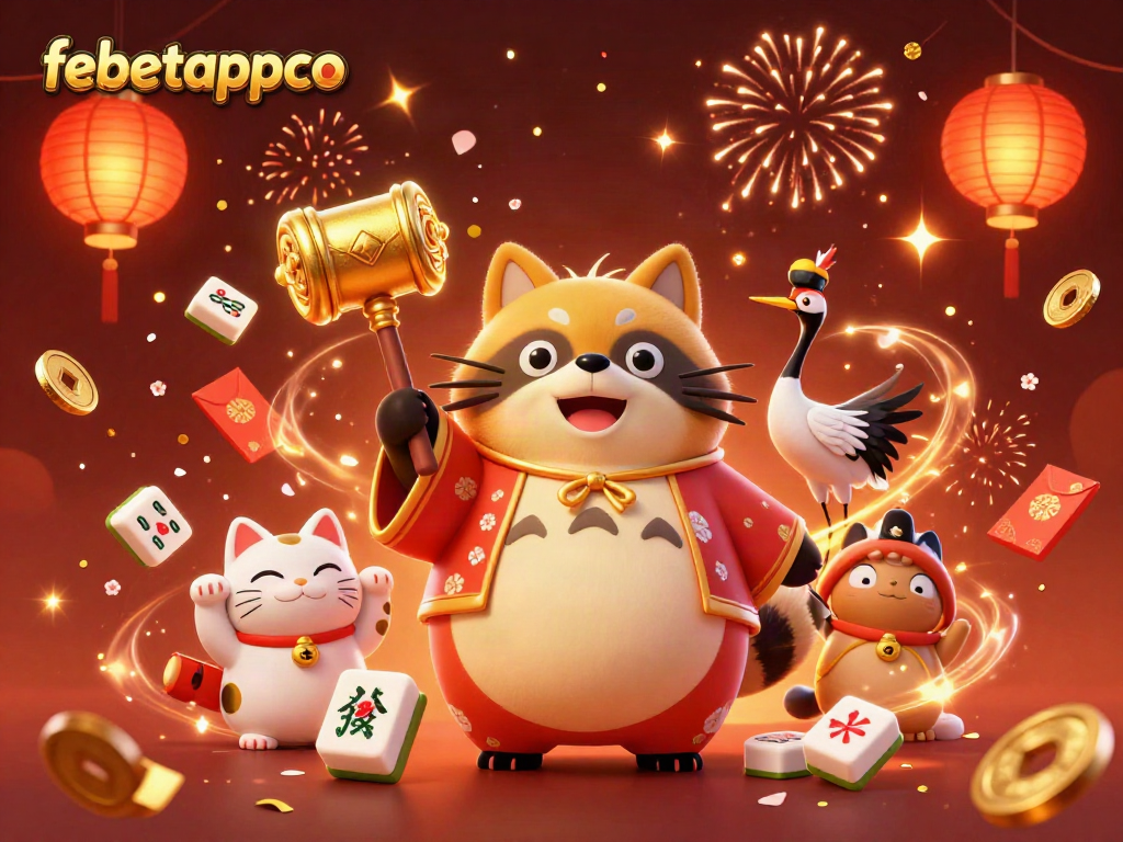 Experience the excitement of febetappco with a cheerful tanuki and samurai crane amidst vibrant gambling elements.