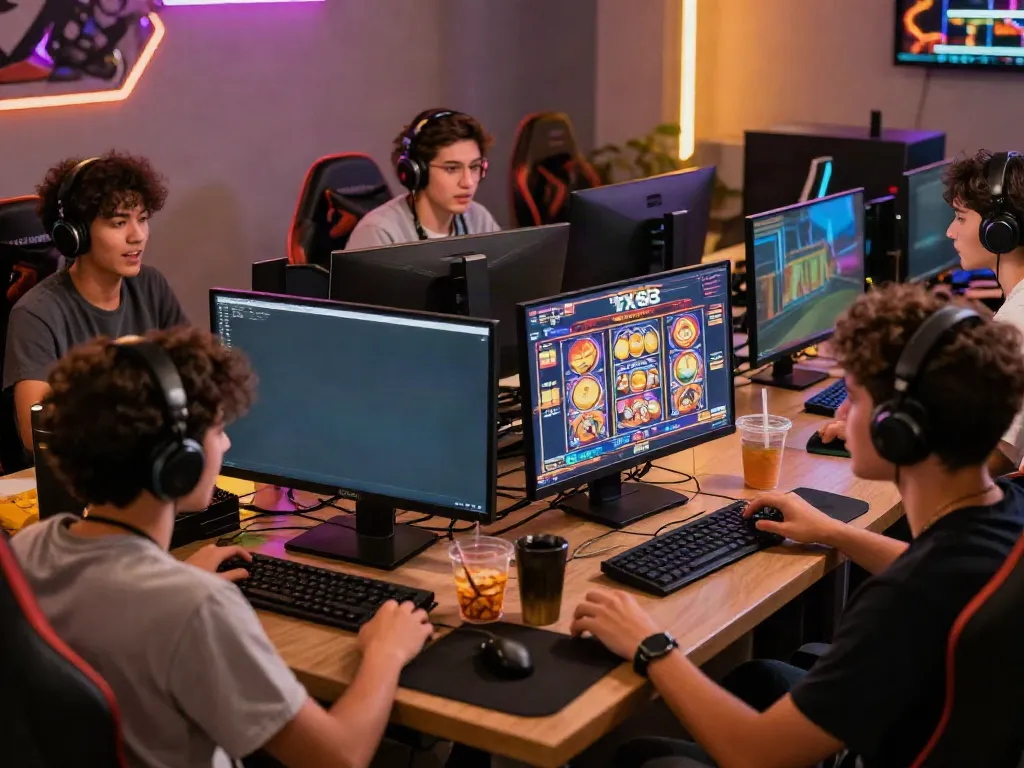 Engaging scene of friends playing TX88 online slot games in a lively gaming room.