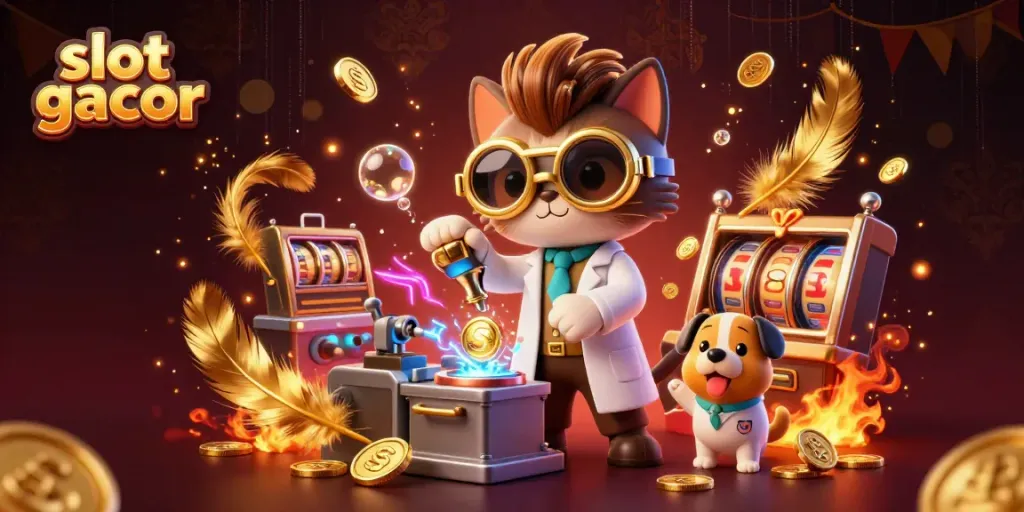 Experience high-energy action in slot gacor with a lively illustration of a scientist creating coins amidst dynamic casino elements.