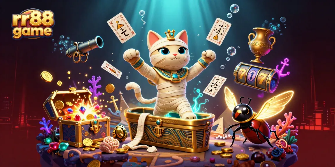 Experience the thrilling rr88 game with a vibrant 3D illustration of a mummy cat and treasures in a pyramid casino.