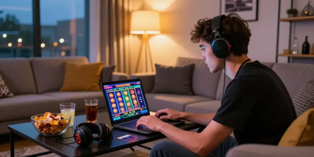 Excited player enjoying gameplay on laptop at home with casinos that accept credit cards on screen.