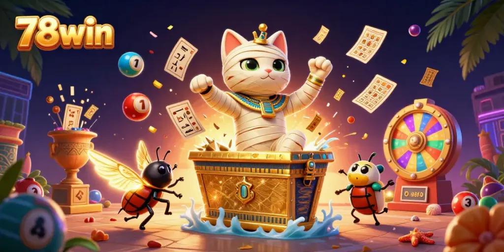Engage in thrilling casino action at 78win featuring a dynamic scene of games with a mummy cat bursting from a sarcophagus.