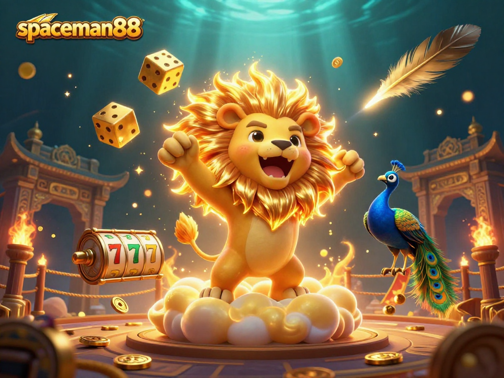 Experience the thrill of spaceman88 with a dynamic casino scene featuring golden dice and a roaring lion.