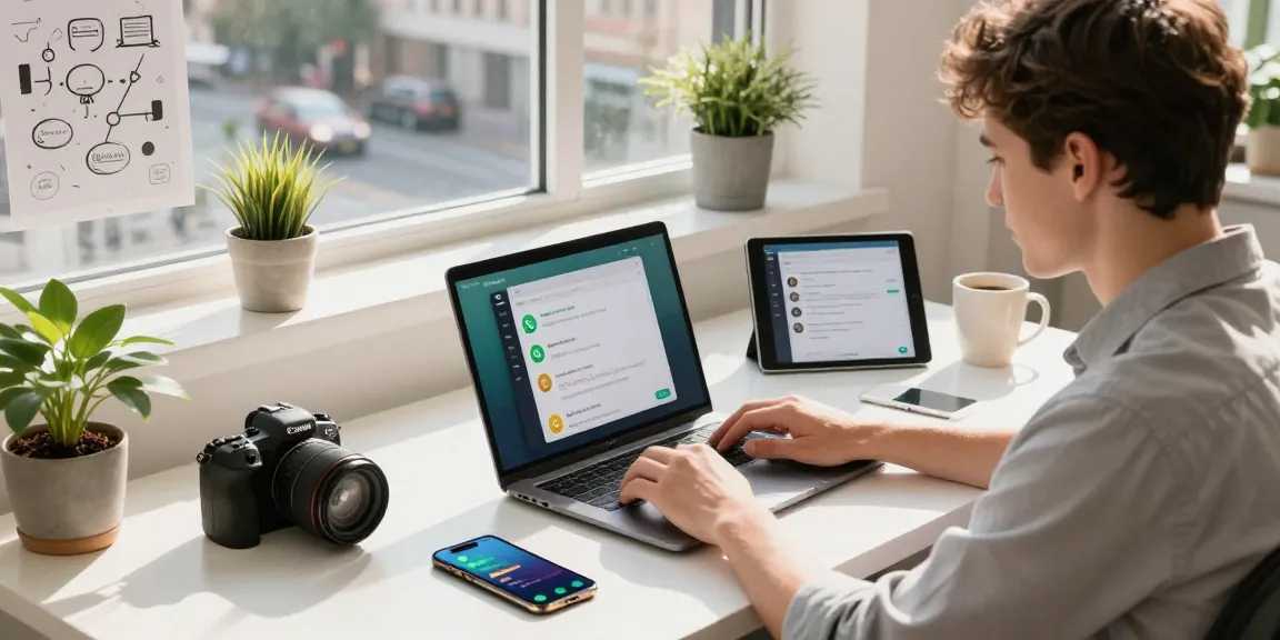 WhatsApp下載 interface displayed on a laptop in a modern workspace with tech gadgets and sunny city view.