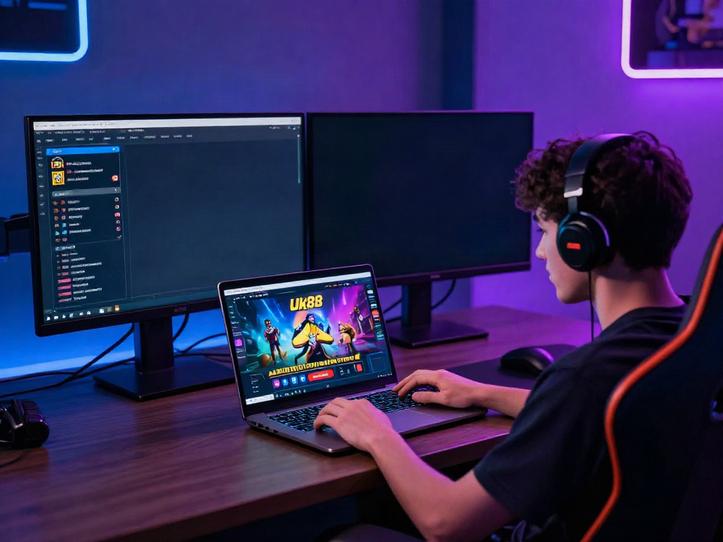 Player engaging with Uk88 online gaming platform in an immersive environment, showcasing excitement and dynamic betting graphics.