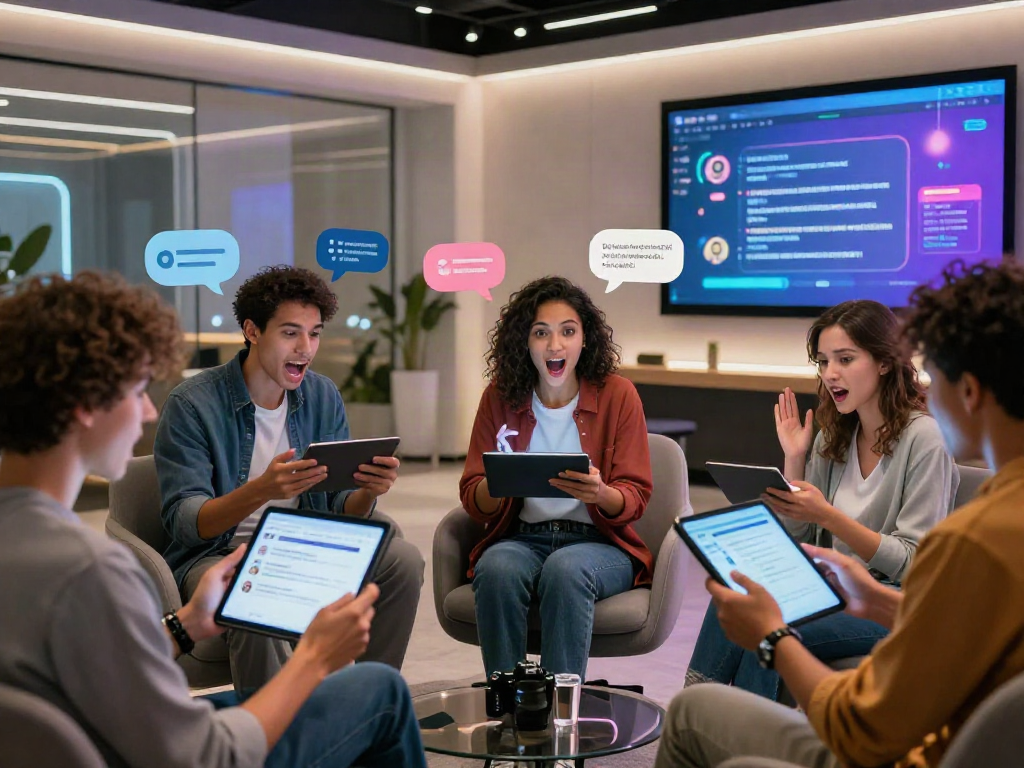 Engaging digital chat room illustrating diverse individuals enjoying AI porn chat experiences with modern devices and vibrant visuals.