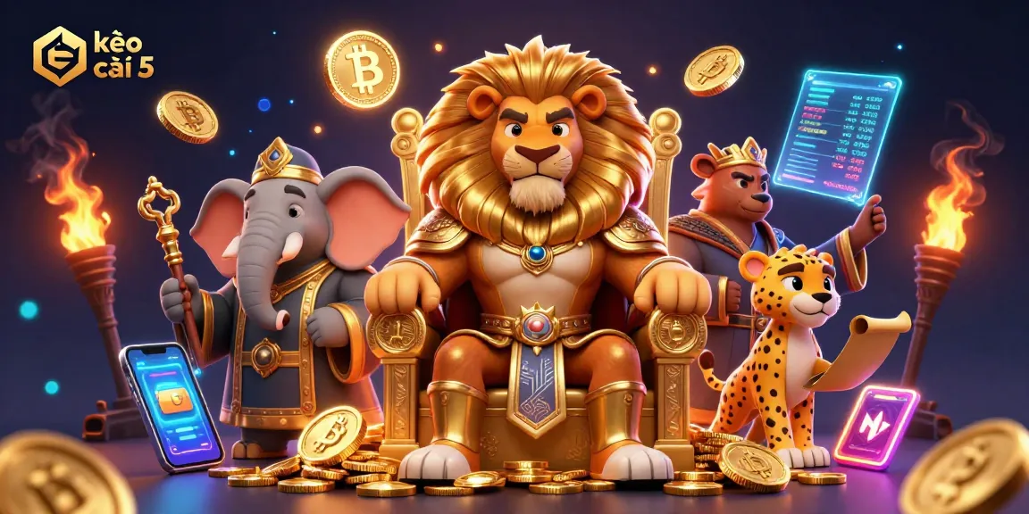 Engage in kèo nhà cái 5 betting with a dynamic scene featuring a lion king, elephant advisor, and cheetah messenger.