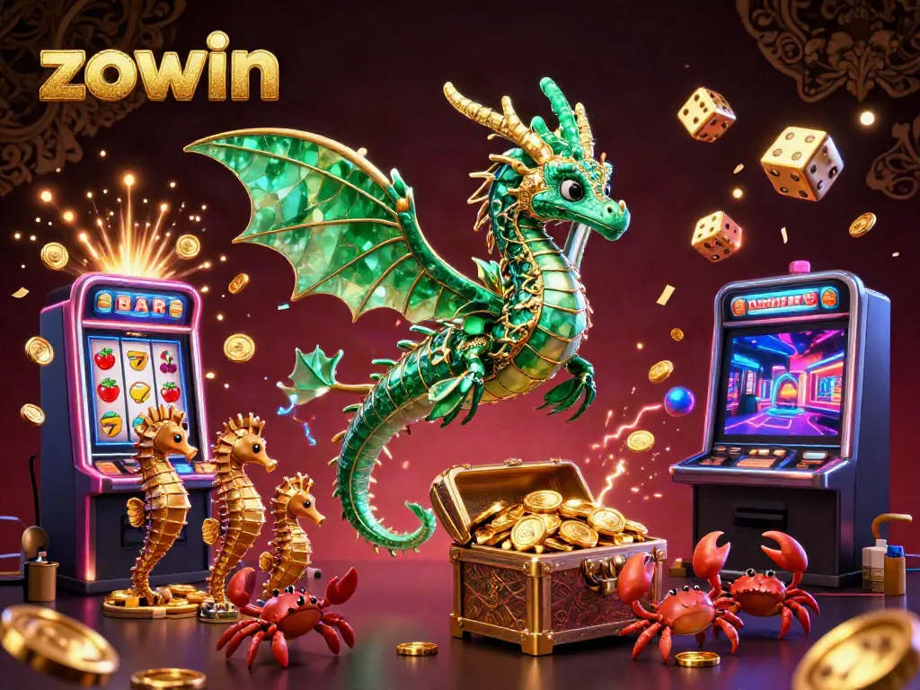 Zowin-themed illustration featuring emerald sea dragon and slot machine with vibrant casino elements.