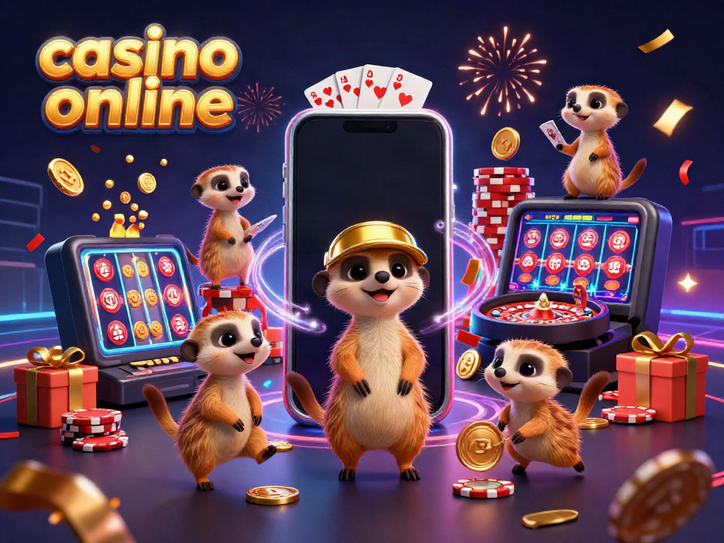 Experience the excitement of casino online with meerkats managing a vibrant gaming operation in a dynamic 3D scene.
