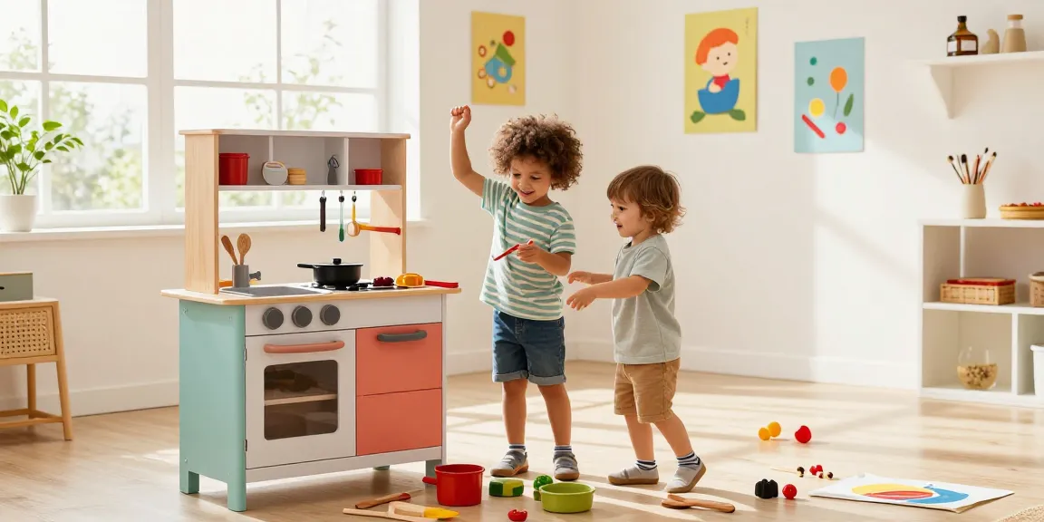 Kids kitchen playset with children cooking together in a vibrant atmosphere.