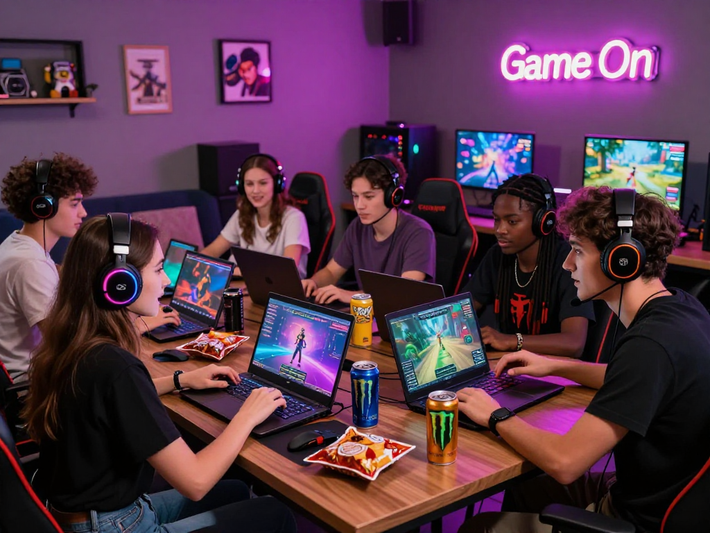 A lively gaming lounge scene where friends play real porn games together, showcasing vibrant graphics and interactive engagement.