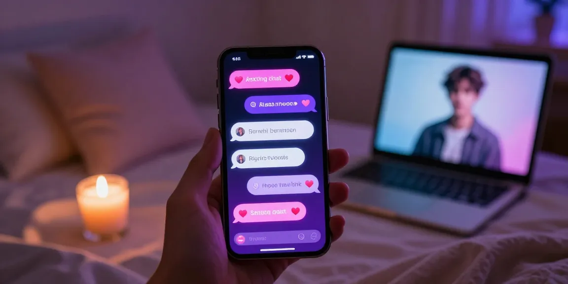 Engaging AI sexting conversation on smartphone in cozy bedroom setting with romantic ambiance.