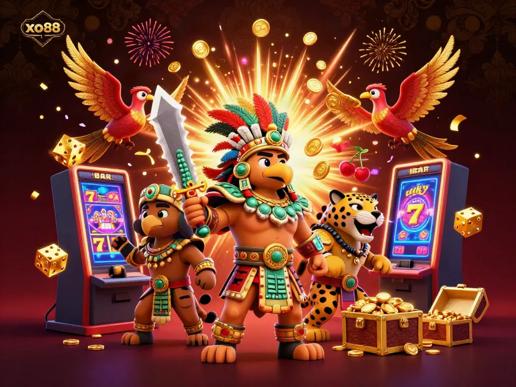 Experience exciting gaming at xo88 with vibrant characters and jackpot symbols in a captivating casino scene.