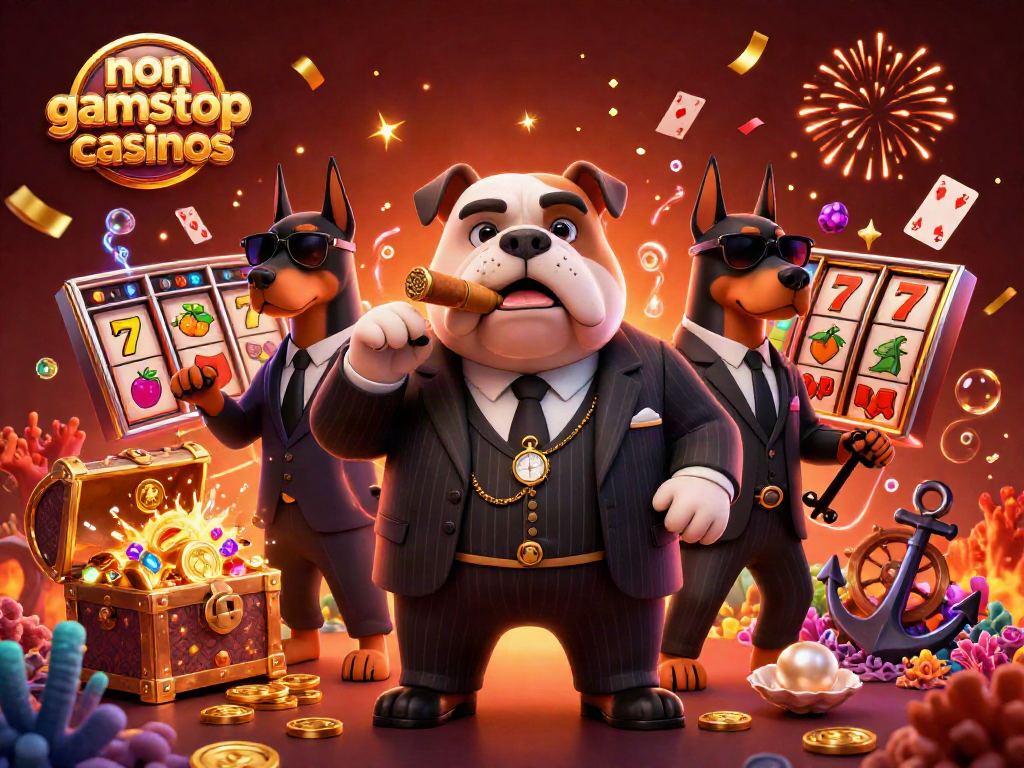 Engaging scene showcasing non gamstop casinos with a mafia boss bulldog and bodyguard Dobermans in a dynamic casino atmosphere.