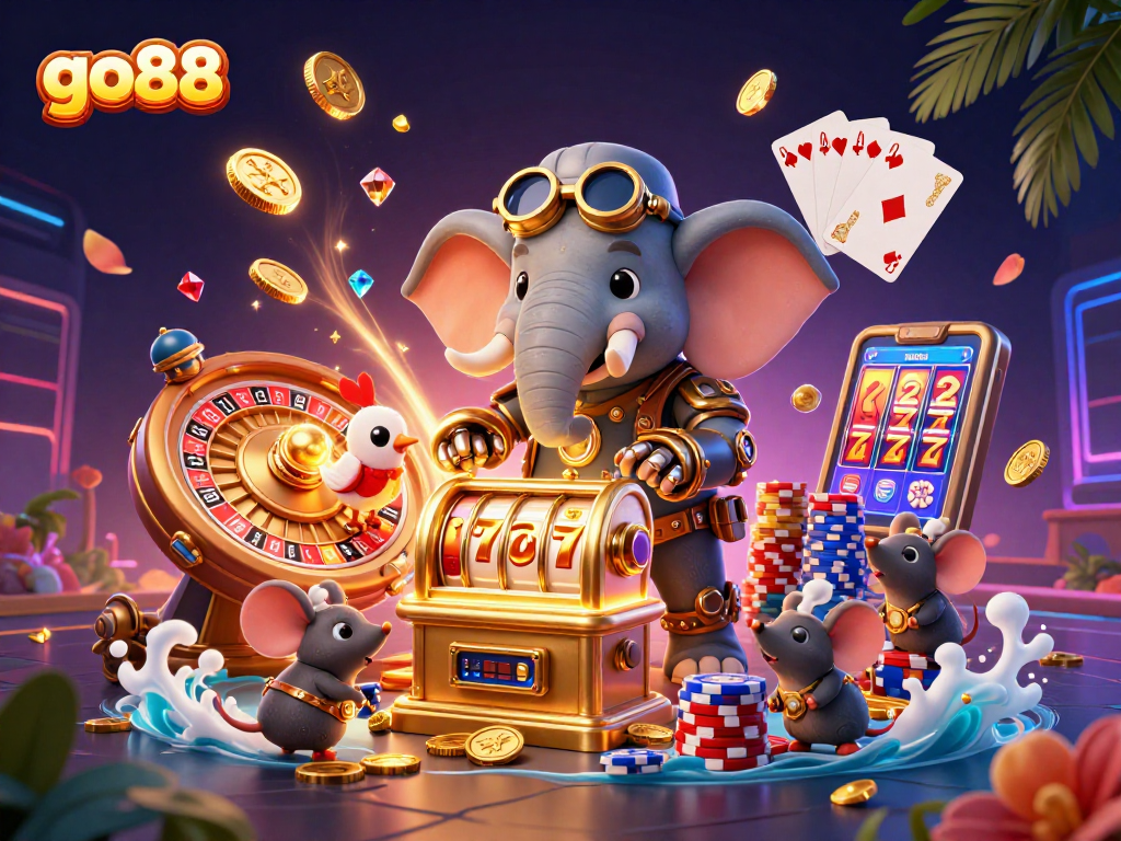 Cascade golden coins and gears as the go88 elephant engineer spins the slot machine in a vibrant casino scene.