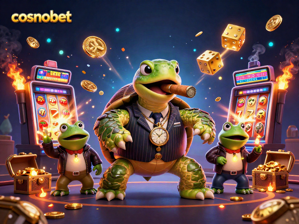 Join cosmobet's exciting adventures, featuring a vibrant casino scene with dynamic characters and games.