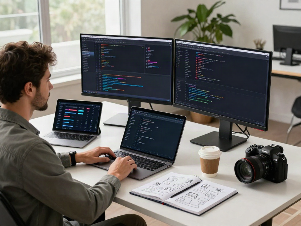 Developer utilizing instant indexing tools in a sleek tech workspace with dual monitors and coffee.